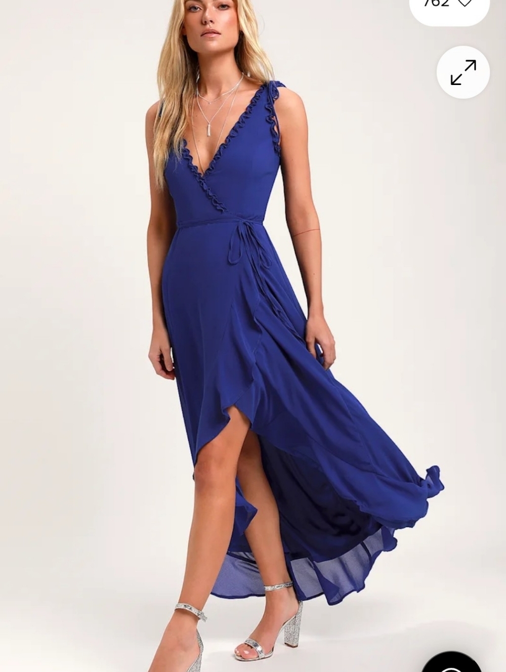 Sleeveless Ruffled V-Neck Wrap Maxi Dress in Cobalt Blue